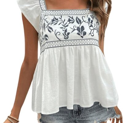 Women's Floral Embroidery Print Cap Sleeve Square Neck Ruffle Trim Regular Fit Blouse Shirts Top