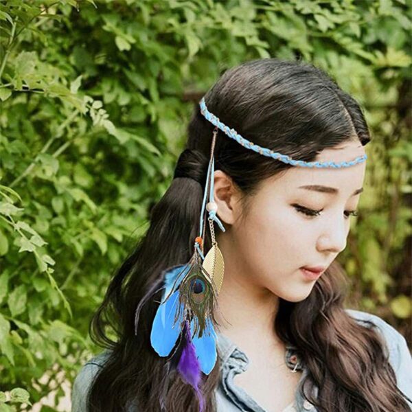Boho Peacock Feather Headband Hippie Jewelry Gifts Native American Indian Costume Festival Hair Accessories Bohemian Clothing Dresses for Women and Girls(Blue) Multicolor Medium - Image 2