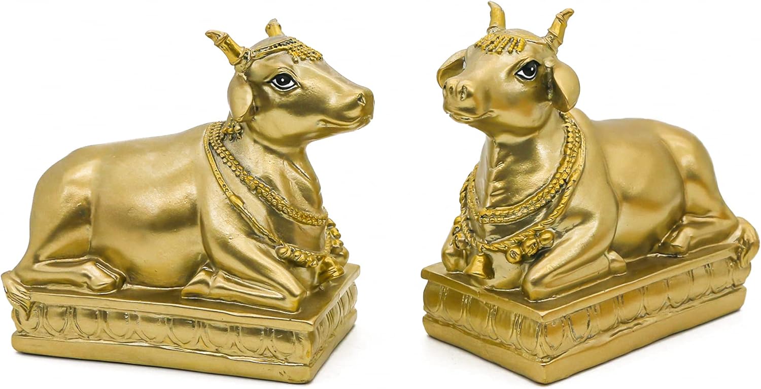 Hindu Nandi Holy Cow Statues - 2PCS Gold Nandi Cow Sitting Position Statue for House Temples Puja Home Decor Diwali Gift
