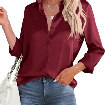 HOTOUCH Women's Satin Silk Shirts Button Down V Neck Dressy Casual Blouse Loose Long Sleeve Office Work Tunic Tops