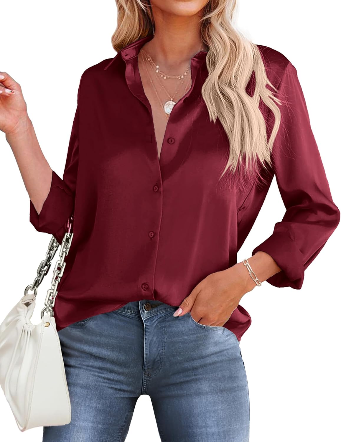 HOTOUCH Women's Satin Silk Shirts Button Down V Neck Dressy Casual Blouse Loose Long Sleeve Office Work Tunic Tops