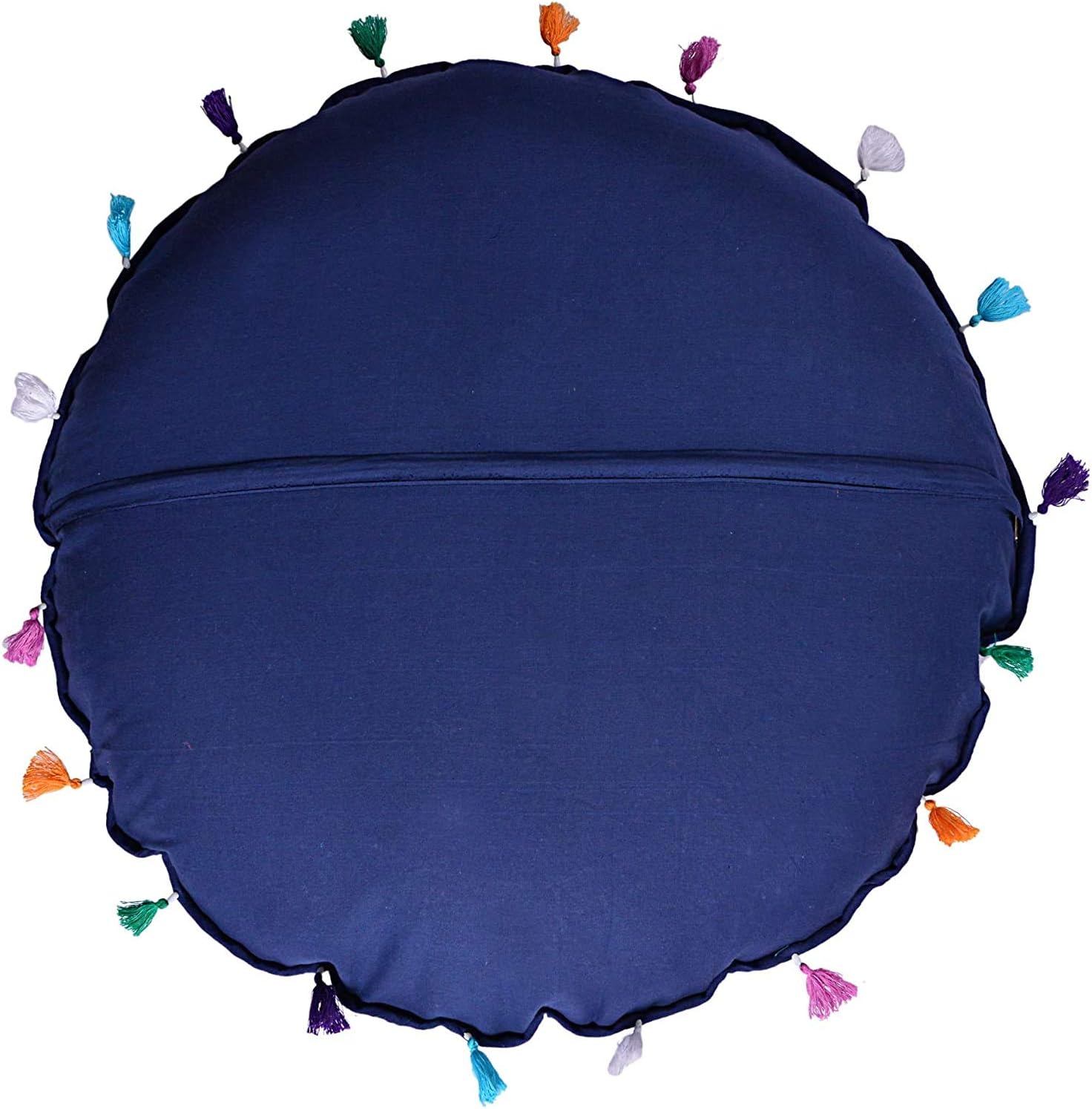 Indian Handmade Patchwork Codework Round Pouf Cover Ottoman Floor Pillow Cushion Seating Throw Decorative Pom Pom Pillow Cases Boho 32 Inches Royal Blue BFPC0105 - Image 3