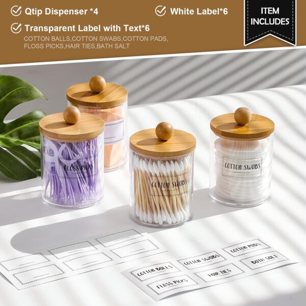 4 Pack Qtip Holder Dispenser with Bamboo Lids - 10 oz Clear Plastic Apothecary Jar Containers for Vanity Makeup Organizer Storage - Bathroom Accessories Set for Cotton Swab, Ball, Pads, Floss - Image 3