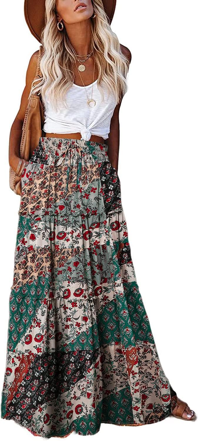EARKOHA Womens Casual High Waist Tie Paisley Print Long Maxi Skirt with Pockets