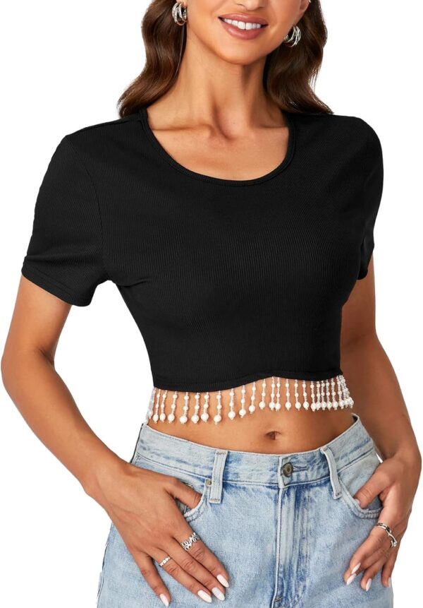 LYANER Women's Round Neck Short Sleeve Tassel Trim Hem Rib Crop Top Blouse