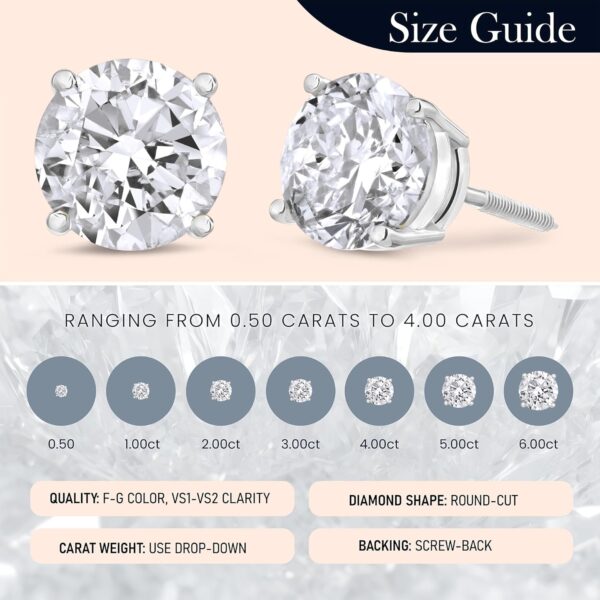 The Diamond Channel CERTIFIED 1 to 6 Carat LAB GROWN Solitaire Diamond Stud Earrings Round Cut 4 Prong Screw Back (F-G Color, VS1-VS2 Eye Clean Clarity) - Image 3