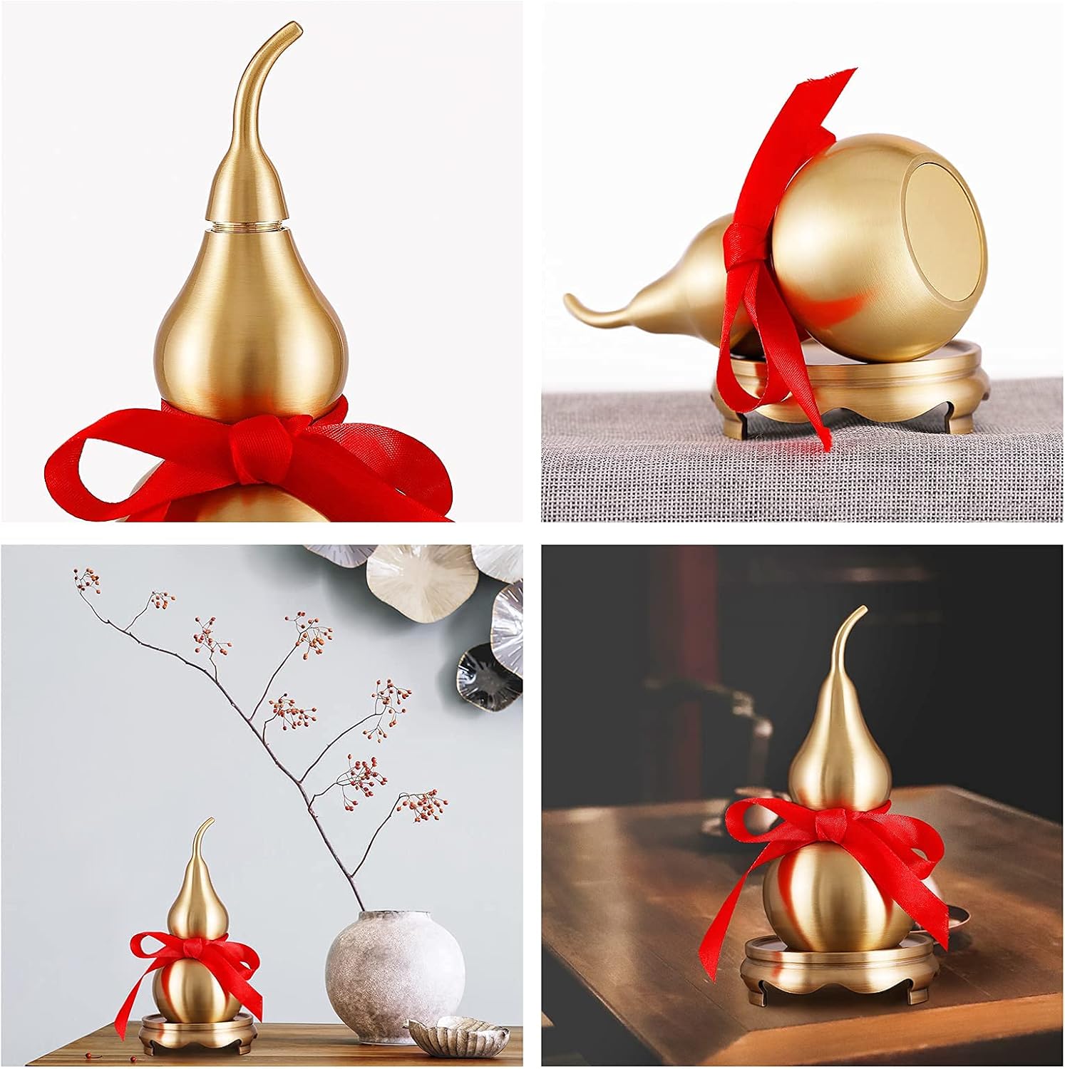 Feng Shui Wu Lou Brass Golden Gourd with Holder and Red Luck Strip for Home Decor Furnishing,Full Brass,Statue Charm Amulet,Bring You Good Luck,Healthy,Success - Image 6