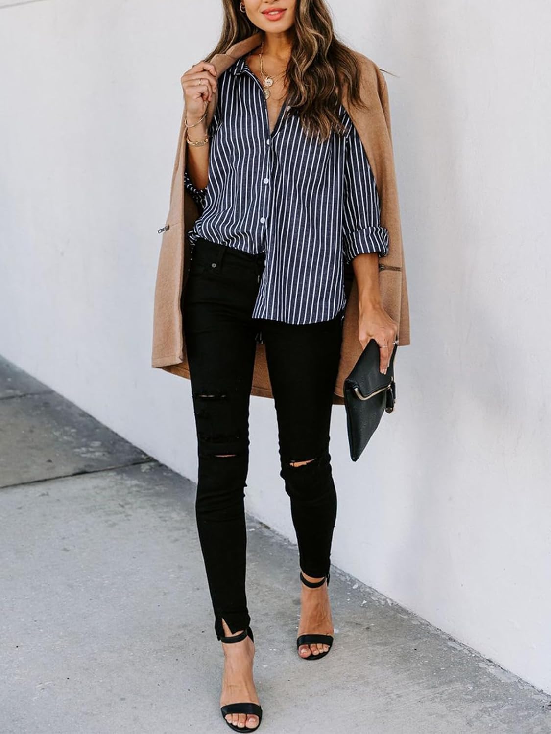 siliteelon Womens Button Down Shirts Cotton Striped Dress Shirt Long Sleeve Collared Office Work Blouses Tops - Image 4