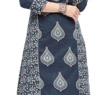 Tissu Women's Pure Cotton Indigo Printed Kurta with Palazzo