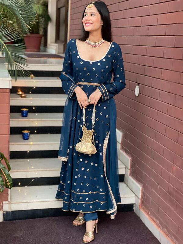 Womens Georgette Embroiderd Sequence Work Indian Style Party Wear Anarkali Kurta and Dupatta With Leggings - Image 4