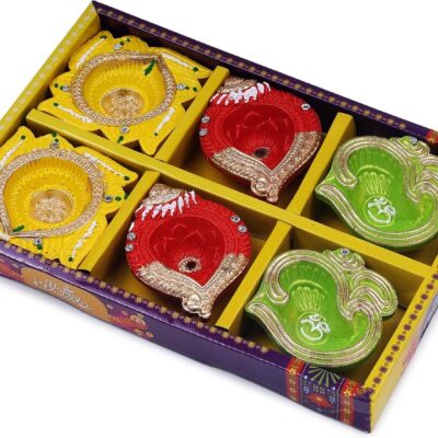 Handmade Terracoaat Set of 6 Multicolor Clay Diya for Diwali/Navratri Decorations Oil Lamp Diwali Clay Diya Tea Light Holder Indian Decor Festival Gifts Puja Items | TRBD6MD-08