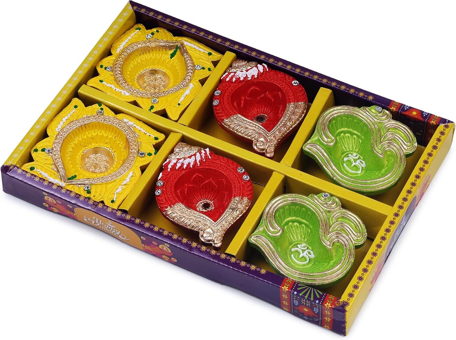 Handmade Terracoaat Set of 6 Multicolor Clay Diya for Diwali/Navratri Decorations Oil Lamp Diwali Clay Diya Tea Light Holder Indian Decor Festival Gifts Puja Items | TRBD6MD-08