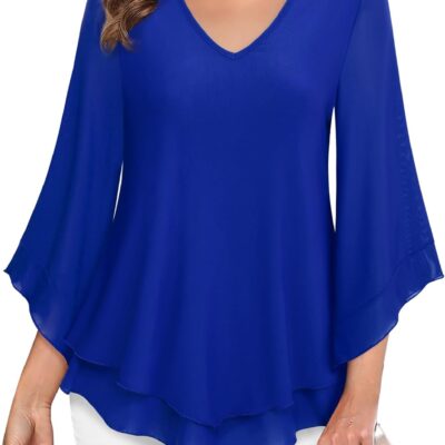 Lotusmile Womens Dressy Blouse Double Layers Mesh Shirt Ruffle 3/4 Flared Sleeve Tunic Tops