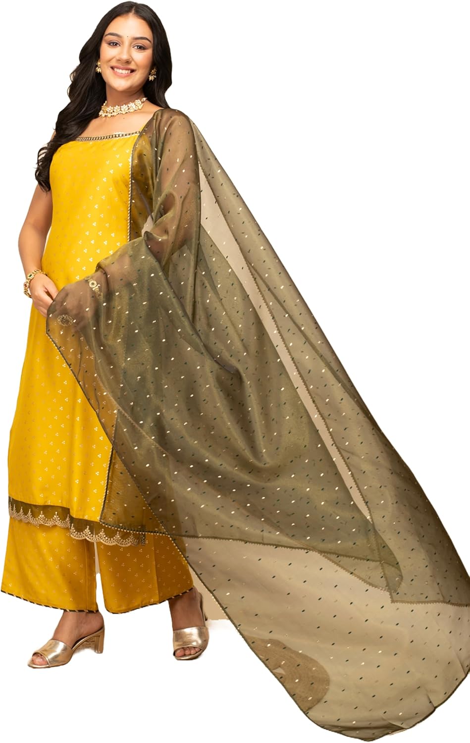 Women's Yellow Silk Blend Straight Kurta With Palazzo And Dupatta - Image 2