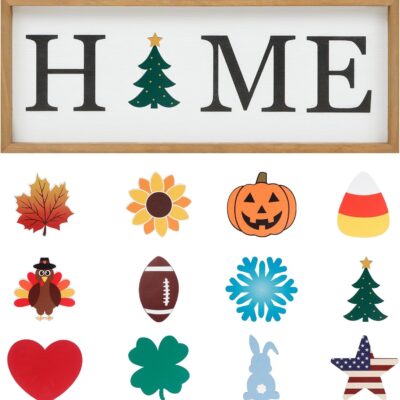 Christmas Decorations HOME Tabletop Sign with 12 Pcs Interchangeable Seasonal Icons-Wooden HOME Sign for All Seasons Christmas Thanksgiving Shelf Mantel Windowsill Decorations