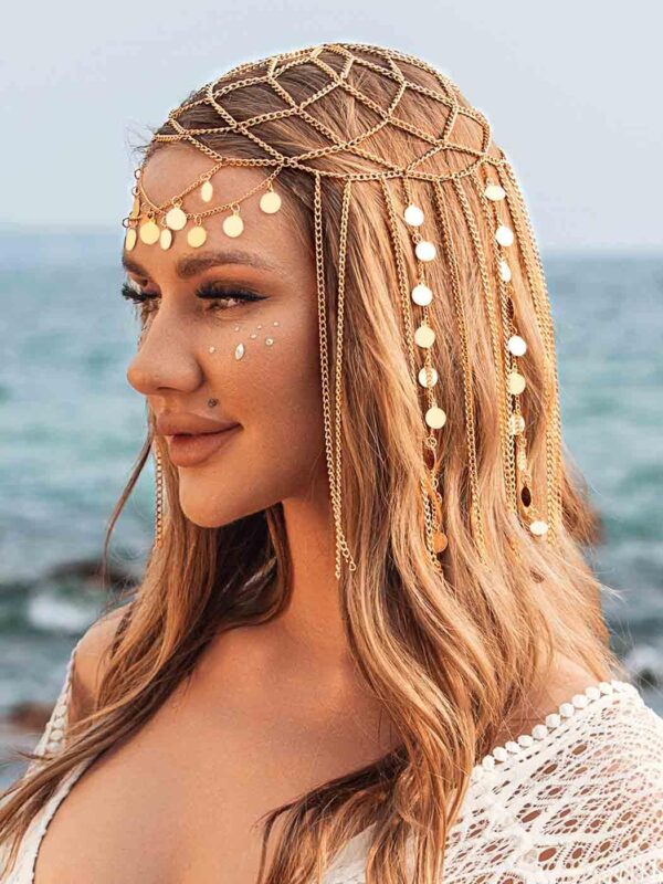 Yean Adults Gold Head Chain Sequins Headband Bohemian Hair Jewelry Tassel Festival Costume Headpiece for Women and Girls
