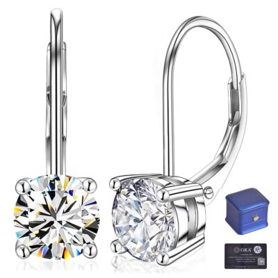 Moissanite Earrings,1.0ct-2.0ct D Color,925 Sterling Silver Dangle Earrings for Women, Lab Created Diamond Earrings,18K White Gold Plated Leverback Drop Earrings (Moissanite-2.0ct(1.0ct*2)