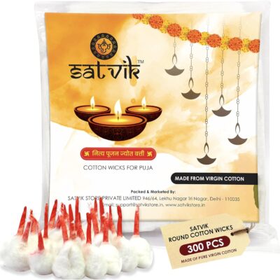 SATVIK 300 Pcs Handmade Round Cotton Wicks for Puja Pooja Jyot Batti for Oil Lamp Diya for Diwali Deepawali Diya. Ideal for Brass, Kuber Clay Diya for Home Mandir Temple Clay Diyas