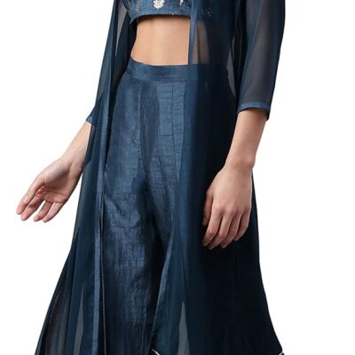 Janasya Indian Women's Teal Poly Silk Foil Print Crop Top with Palazzo and Jacket
