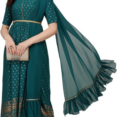 Women's Sea Green Poly Crepe Kurta with Dupatta