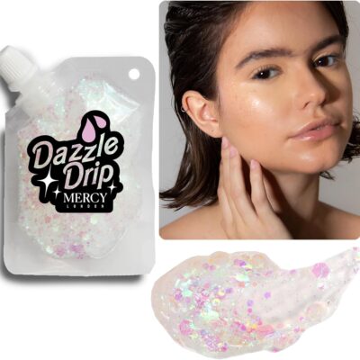 MERCY LONDON Dazzle Drip Iridescent Glitter Gel. Chunky Glitter Gel for Hair, Eye and Body. Cosmetic Grade Glitter in Pouch