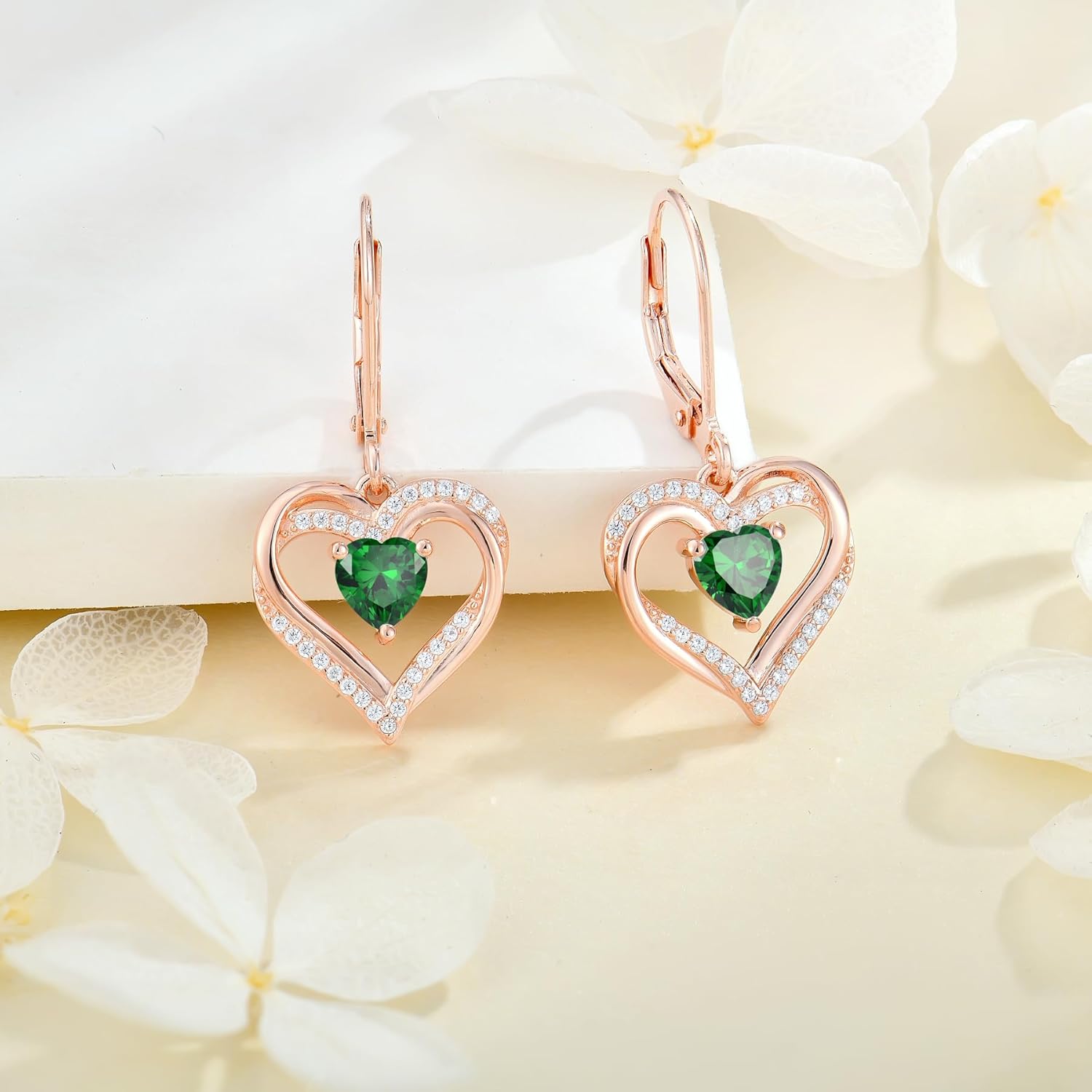 Heart Earrings Necklace Set 925 Sterling Silver Women Earrings 3A Cubic Zirconia May Birthstone Emerald Heart stone Dangle Drop Earrings Pendant for Women - Image 3