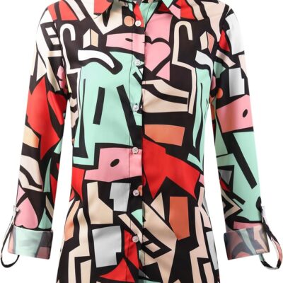 Women's Multicolor Long Sleeve Button Down Shirt, Blouse for Women Casual, 80S 90S Vintage Clothes Ladies Tops