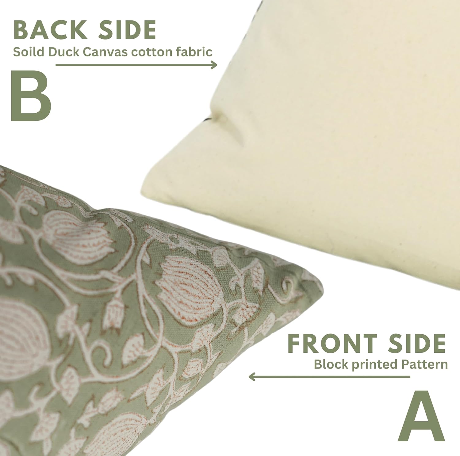 Handmade Block Print 14x14 Inches Cotton Throw Pillowcase Cushion Cover with Invisible Zipper for Sofa, Couch, Fall, Christmas Decoration, Farmhouse, Six Kamal, Light Green - Image 4