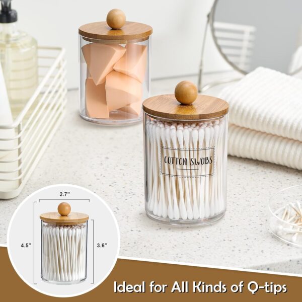 4 Pack Qtip Holder Dispenser with Bamboo Lids - 10 oz Clear Plastic Apothecary Jar Containers for Vanity Makeup Organizer Storage - Bathroom Accessories Set for Cotton Swab, Ball, Pads, Floss - Image 4