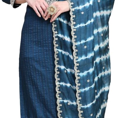 TRENDMALLS Women's Cotton Embroidery Salwar Suit Set Kurta Pant with Dupatta Teal Blue
