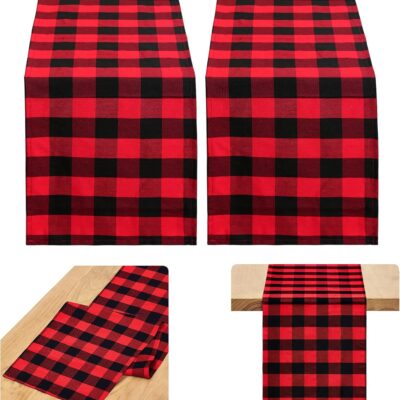 B-COOL Buffalo Plaid Table Runner Black Red Checked Table Runner 2 Packs 13x108 Inch Christmas Holiday Plaid Table Runners Xmas Table Decorations
