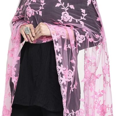 Women's Nylon Net Embroidered Dupatta, Pink, Free Size