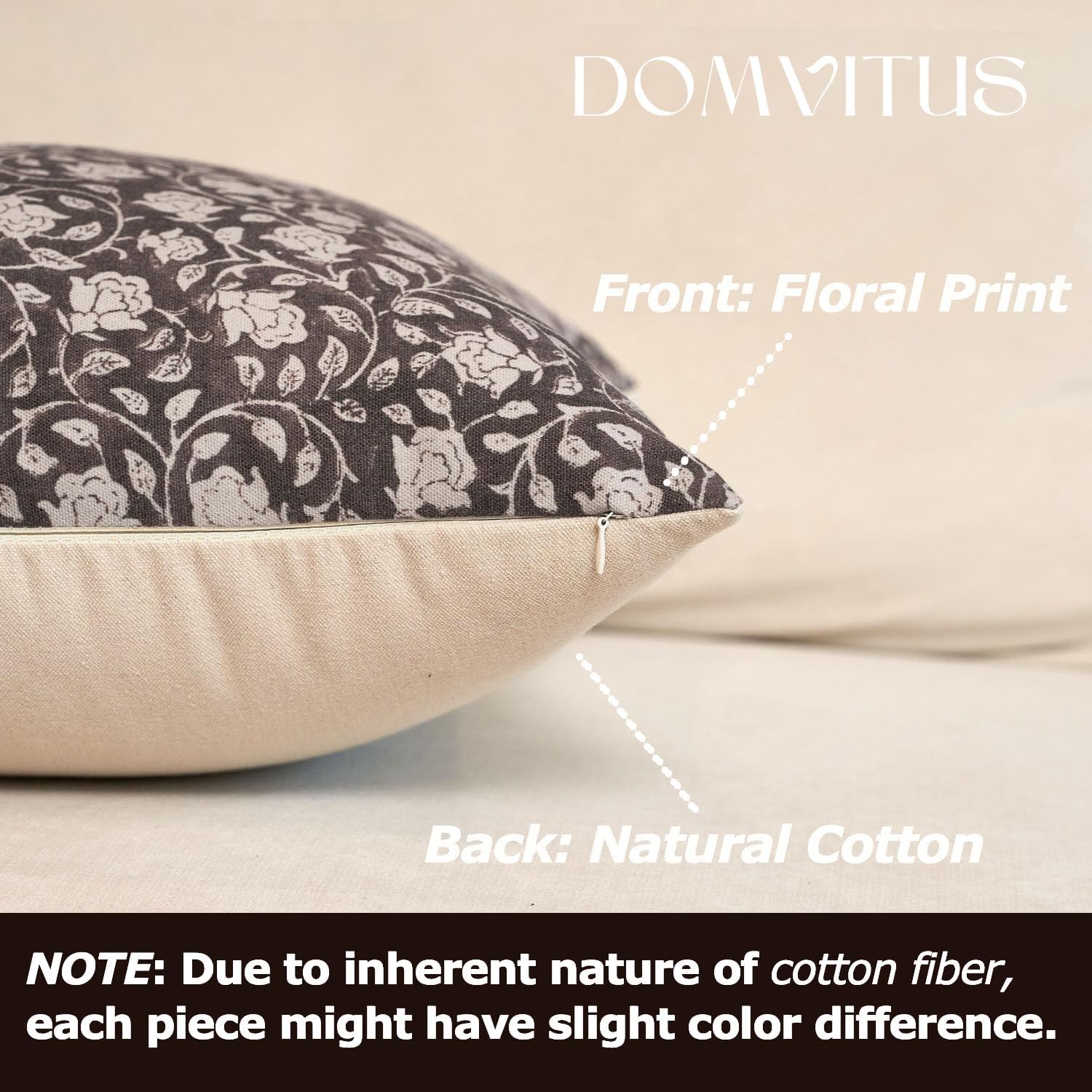 DOMVITUS Floral Pillow Covers 20x20, Throw Pillows for Couch, Block Print Pillow Cover, Decorative Neutral Accent Throw Pillow Covers for Living Room, 1PC, Dark Brown - Image 2