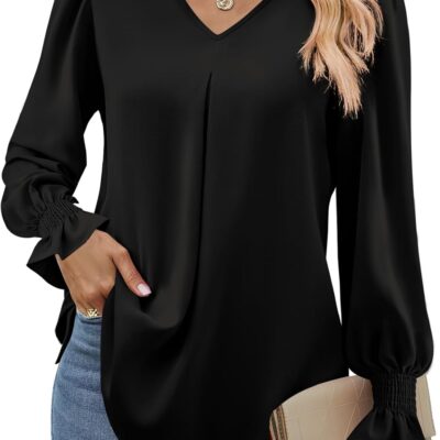 Funlingo Women's 2024 Long Sleeve Tops Dressy Casual V Neck Tunic Shirts Loose Chiffon Work Blouse