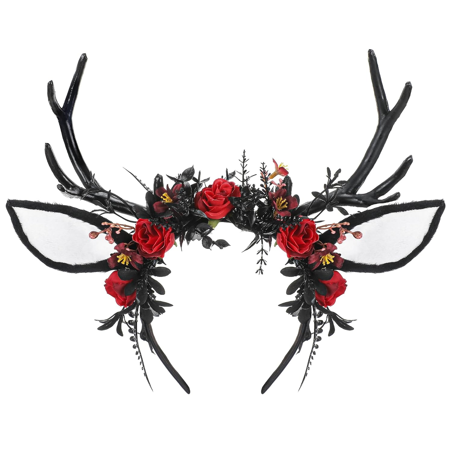 MOSTORY Black Flower Antlers Headband - Dark Floral Deer Horns Headband with Deer Ears Gothic Reindeer Headpiece for Renaissance Renfaire Outfit Halloween Deer Coslpay