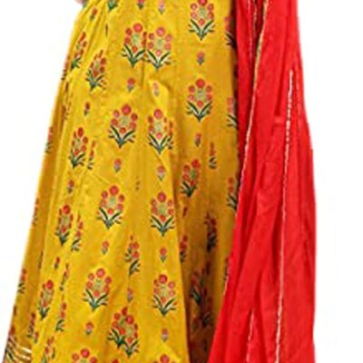 MAHICH WOMEN'S Cotton Anarkali Hand Block Printed Kurti with Pant and Duptta Set_Yellow