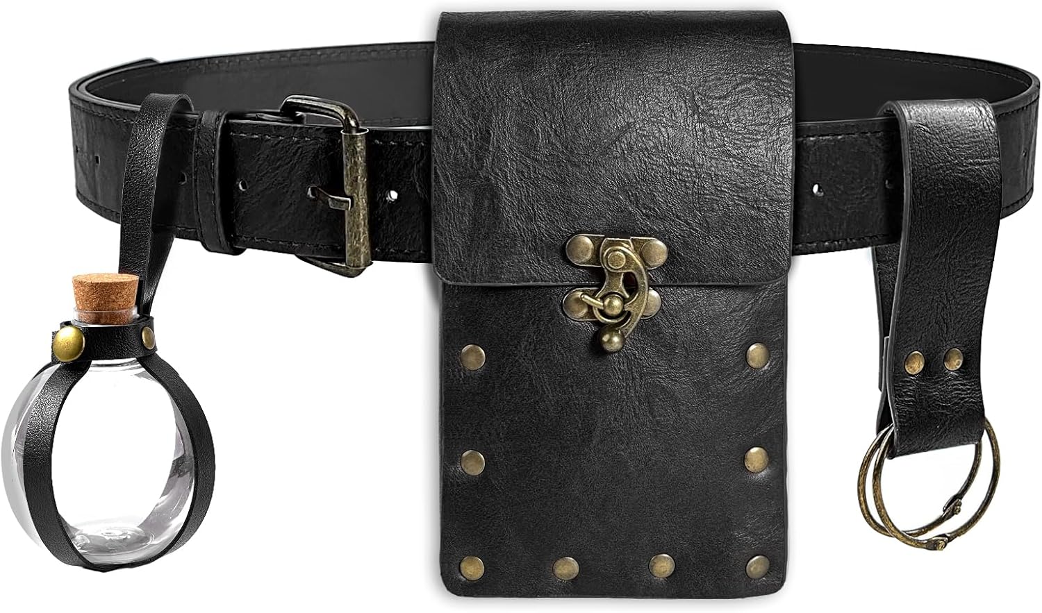 Renaissance Belt Pouch Waist Bag Steampunk Pouch Medieval Leather Belt Pouch Skirt Hikes Set, Retro Renaissance Accessories for LARP Cosplay Costume Christmas Gifts (1Bottle-Black) - Image 3
