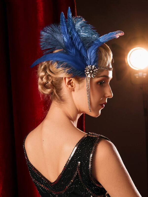 SWEETV 1920s Headpiece Flapper Headband, Rhinestone Pearl Feather Hair Band Great Gatsby Headpiece Accessoreis for Women,Dark Blue - Image 2