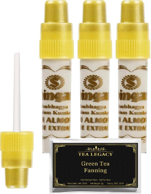 Yogic Mantra Shringar Bindi Liquid White Color Kumkum (3 Bottles Bundle with TeaLegacy Free Sample) Premium Kum Kum with Almond, Aloe Extracts For Bindi Dots, Tikka Bindis & Temporary Tattoo