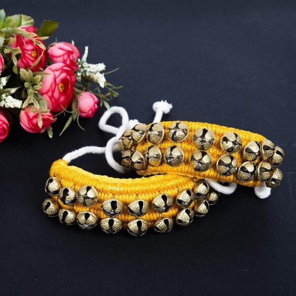 Kathak Ghungroo Pad 2 Line (20+20) 16 No Bells Indian Professional Handmade Dancing Big Bells Pair Classical Dance Accessories I Anklet for Kids and Adults (TG-Yellow 2 Line) - Image 3