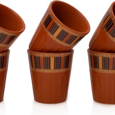 Handmade Traditional Kulhar Kulhad Chai Tea Coffee Mug Cup Cantaritos Set of 6 Glazed Earthenware Glossy Finish Clay Terracotta Artisanal Studio Pottery Mud Brown Food Safe Natural Rustic Eco-Friendly