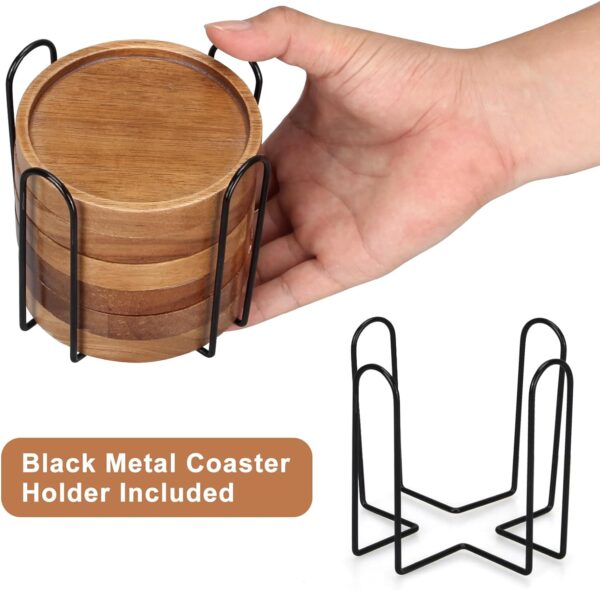 6 Pcs Best Wooden Coasters with Holder Coffee Table Coasters for Drink Acacia Wood Coaster Set Modern Cup Coasters Home Dining Table Decor Cute Beer Bar Coasters Decorative Rustic Outdoor Coasters - Image 3