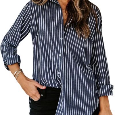 siliteelon Womens Button Down Shirts Cotton Striped Dress Shirt Long Sleeve Collared Office Work Blouses Tops