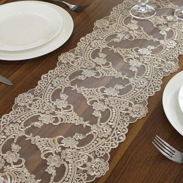 ARTABLE Lace Table Runner Dresser Scarf Macrame Embroidered Table Runners with Exquisite Flower Vintage Shabby Chic for Wedding Holiday Dinning (Champagne, 10 x 36 Inch) - Image 5