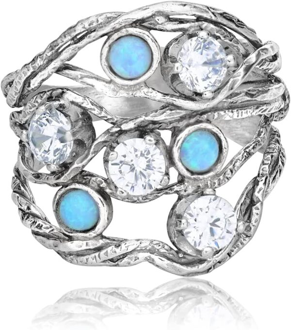 925 Sterling Silver Ring With 3 Blue Round Opal and 4 White Round Cubic Zirconia, Boho Chic Vintage Look, Hypoallergenic, Nickel and Lead-free, Artisan Handcrafted Designer collection, Made In Israel - Image 3