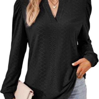 Dokotoo Womens Spring Fashion 2025 Long Sleeve Tops Dressy Casual Blouses Trendy V Neck Puff Sleeve Shirts Business Outfits