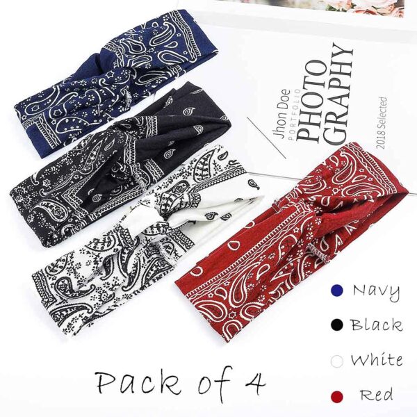 Urieo Boho Bandanas for Women Stretch Paisley Print Bandana Headband Knotted Hair Bandana Wide Hair Band Yoga Daily Headbands(Pack of 4) (A) - Image 4