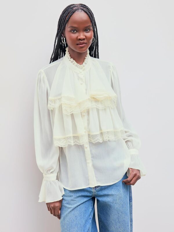 CIDER Chiffon High Neck Soild Lace Faux Pearl Long Sleeve Blouse - Image 3