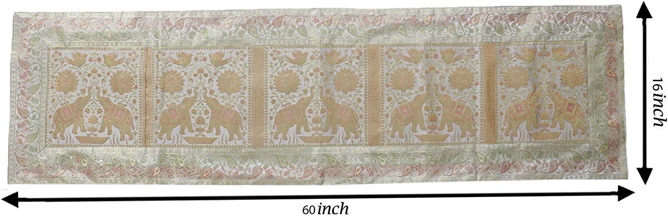 Indian Handmade Elephant Design Table Runner Traditional Decorative Ethnic Kitchen Table Cloth for Wedding Bridal Birthday Party Decorations Bridal Shower Baby Shower, 60 X 16 White & Gold Color - Image 3