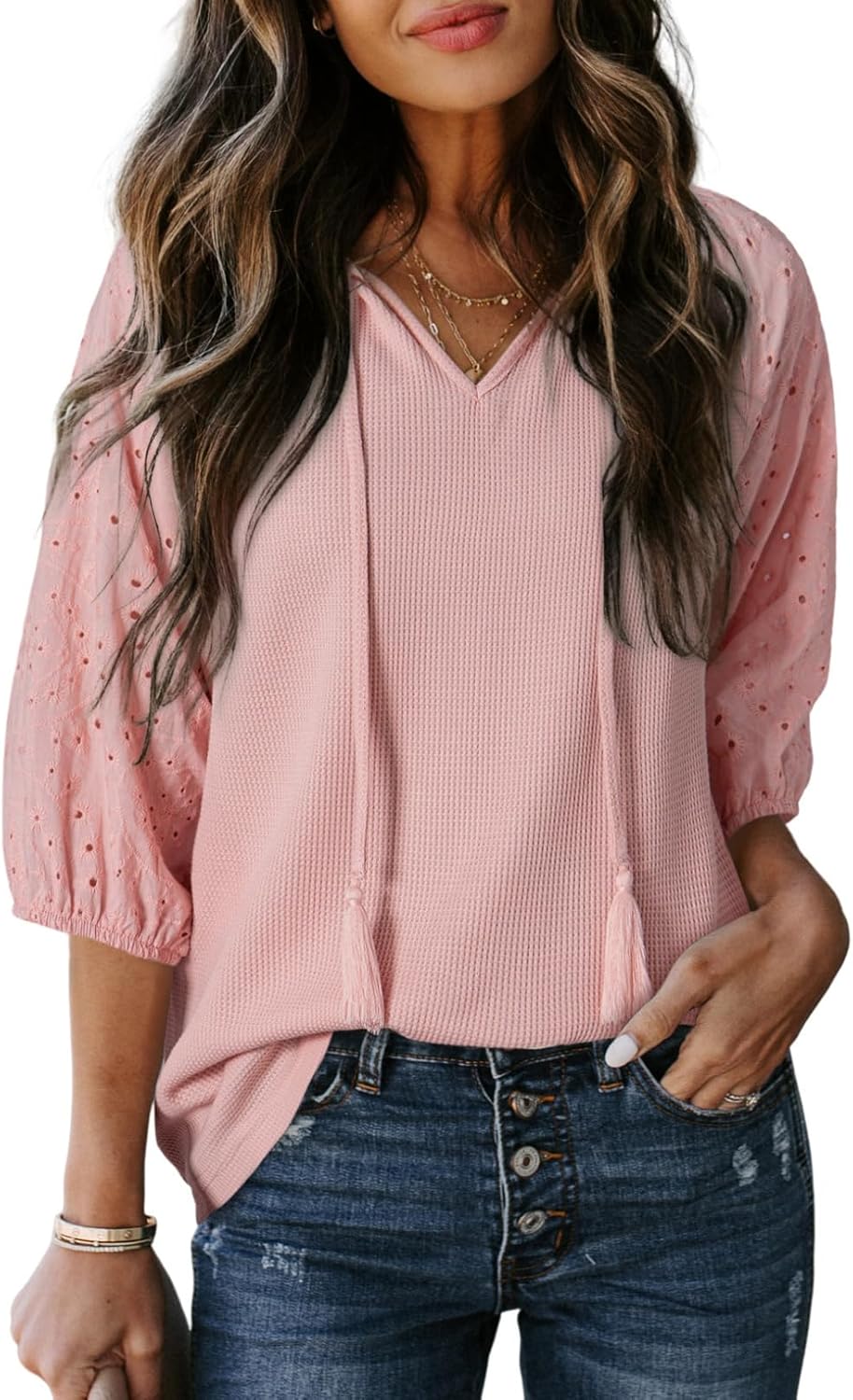 Dokotoo Womens Tops V Neck Dressy Casual Embroidered Blouses Waffle Knit 3/4 Sleeve Shirts